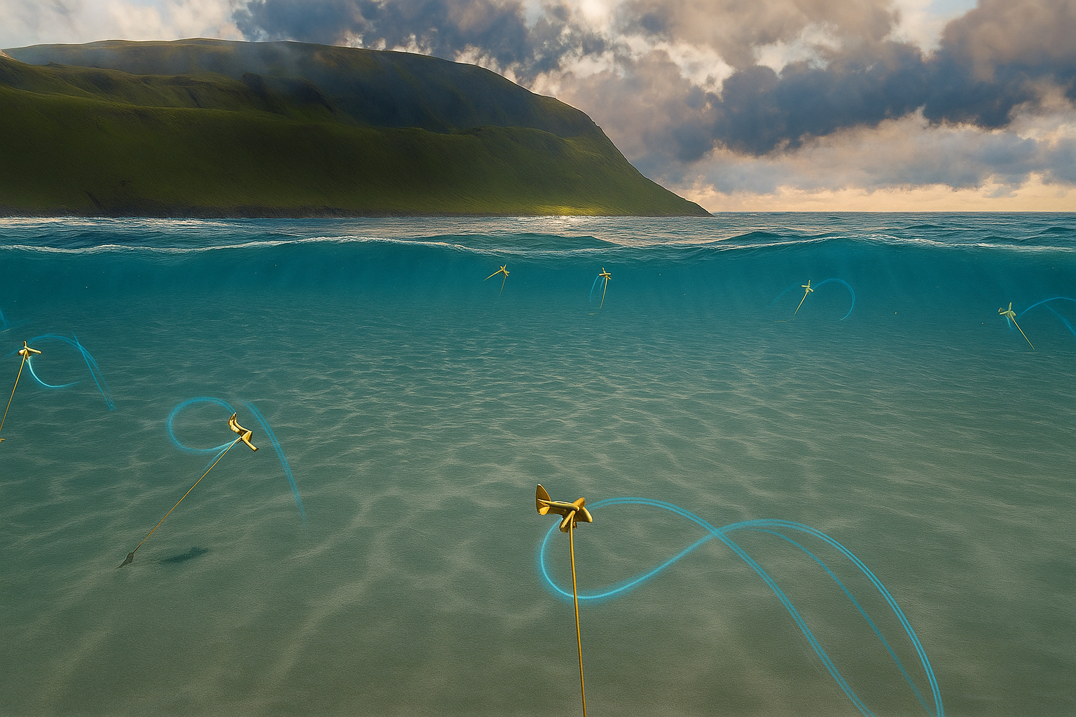 turbinas subaquáticas geradoras de energia renovável em operação sob o mar próximo a uma ilha montanhosa