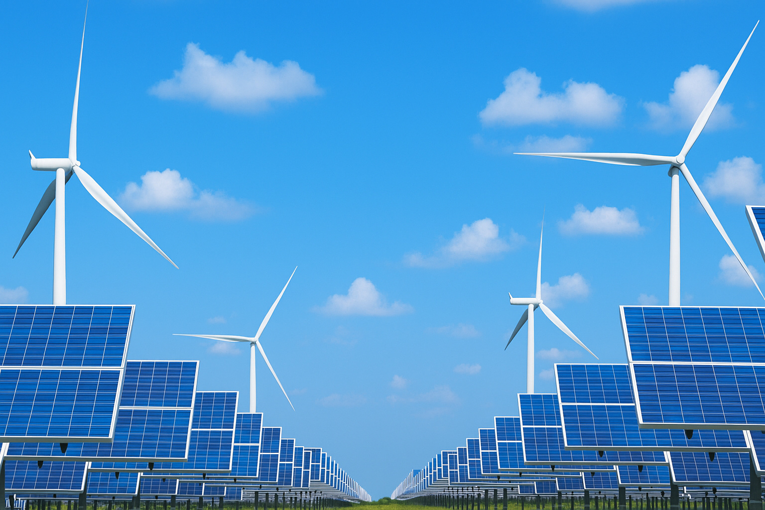 Painéis solares e turbinas eólicas sob um céu azul parcialmente nublado.