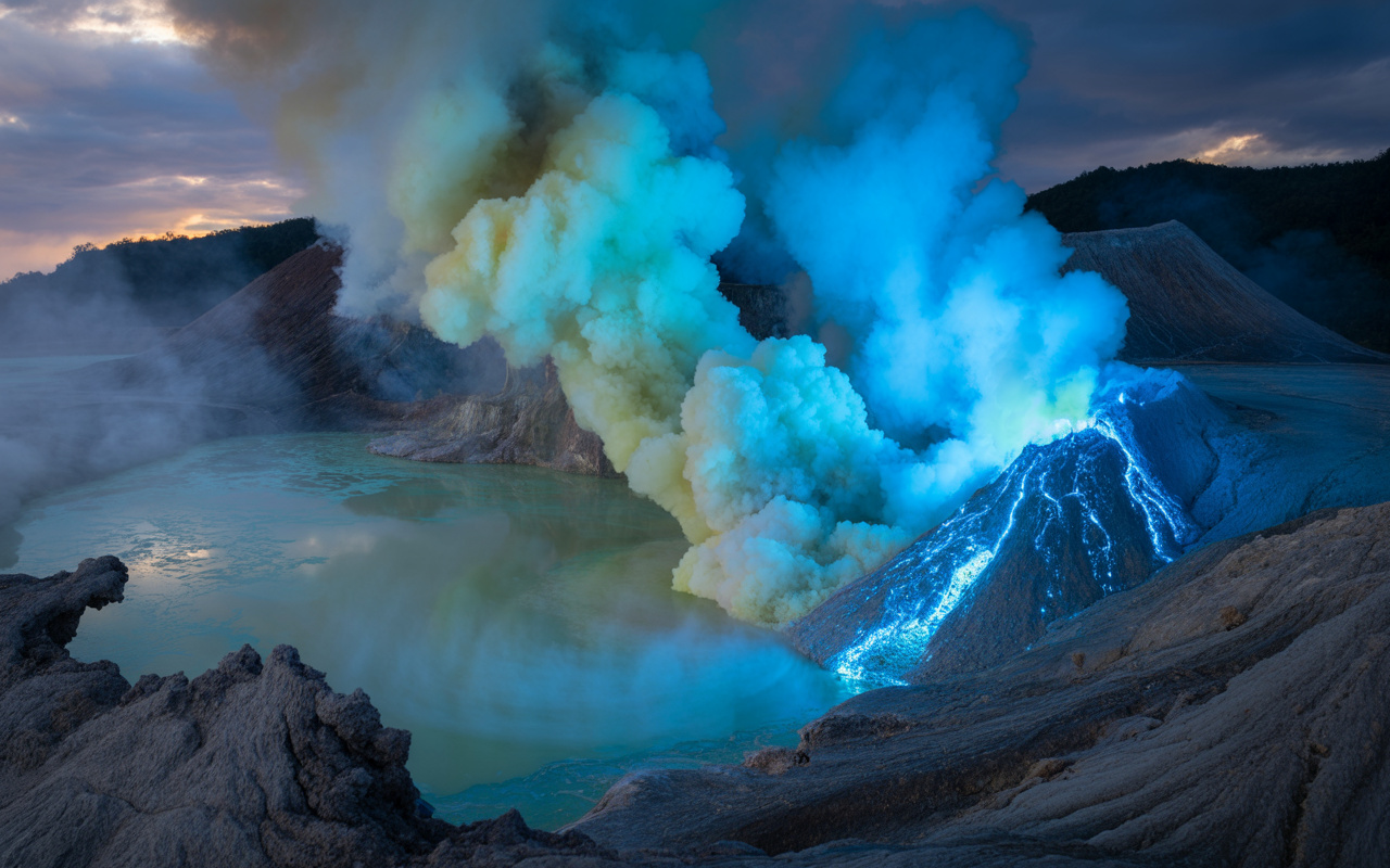 O vulcão que expele lava azul chega a 360 °C, libera gases de enxofre em chamas e forma o maior lago ácido do mundo, um fenômeno natural que só existe na Indonésia