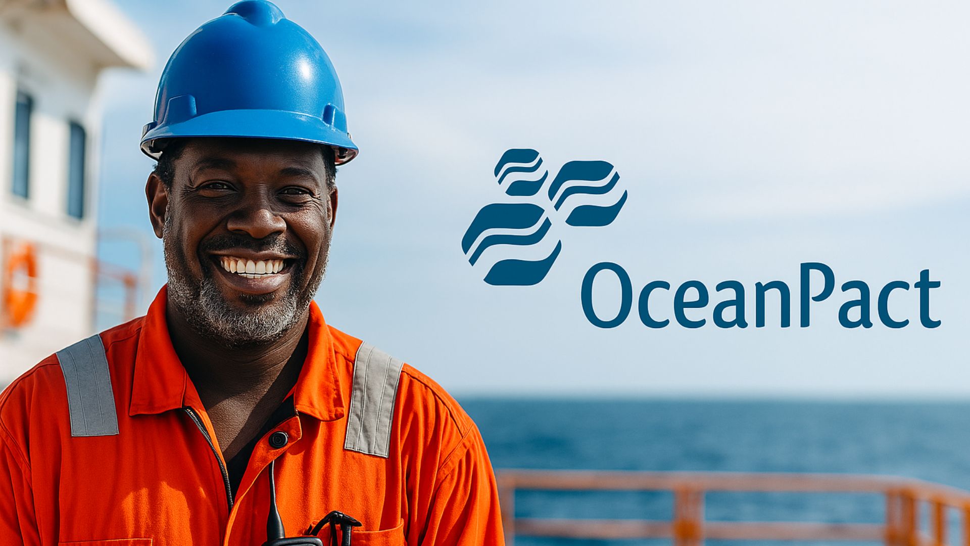 Trabalhador offshore negro sorridente com uniforme de segurança laranja e capacete azul, posicionado em uma plataforma marítima com o logotipo da OceanPact ao lado.
