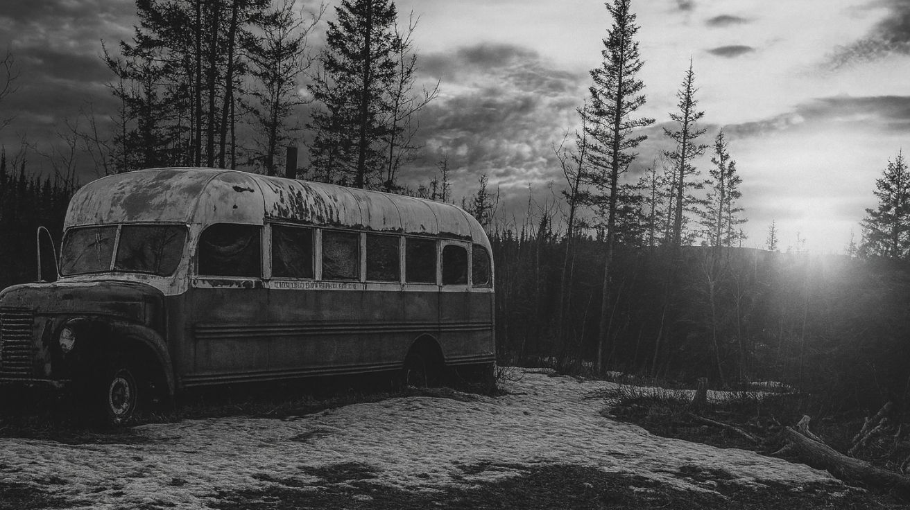 Fotografia realista do Ônibus Mágico de A Natureza Selvagem no Alasca, local onde Christopher McCandless viveu seus últimos dias e que atrai viajantes em busca da mesma experiência.