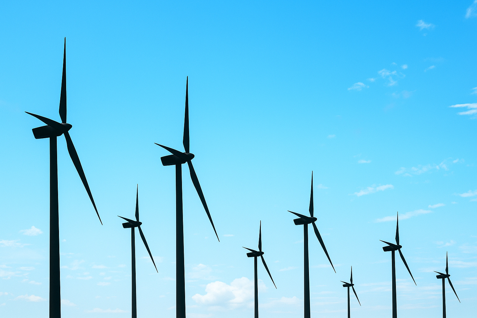 Turbinas eólicas gerando energia durante o dia sob um céu azul com poucas nuvens.
