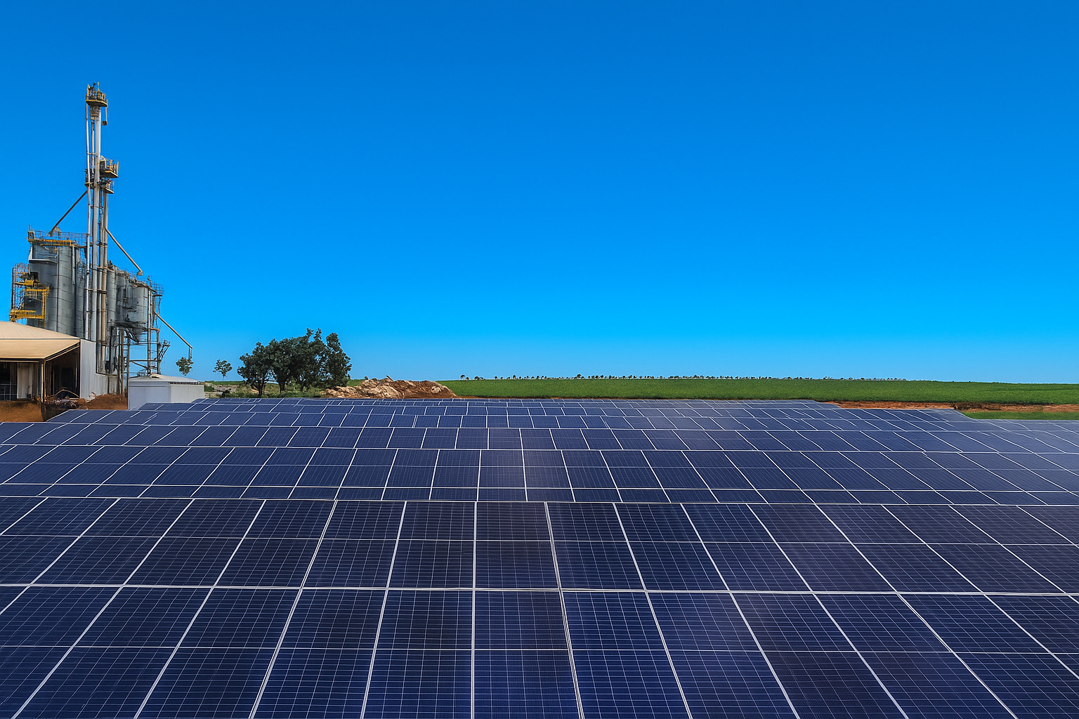 Painéis solares em uma fazenda sob um céu limpo e ensolarado durante o meio-dia
