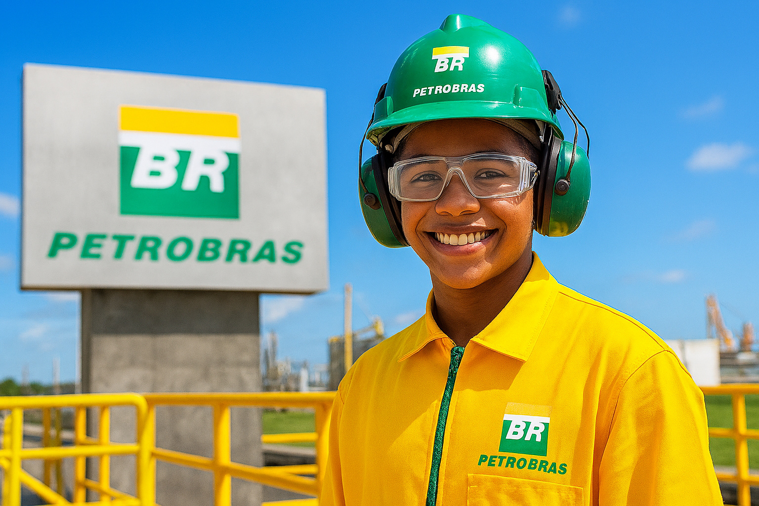 Jovem aprendiz da Petrobras sorridente com uniforme amarelo e capacete verde em frente à unidade industrial da empres