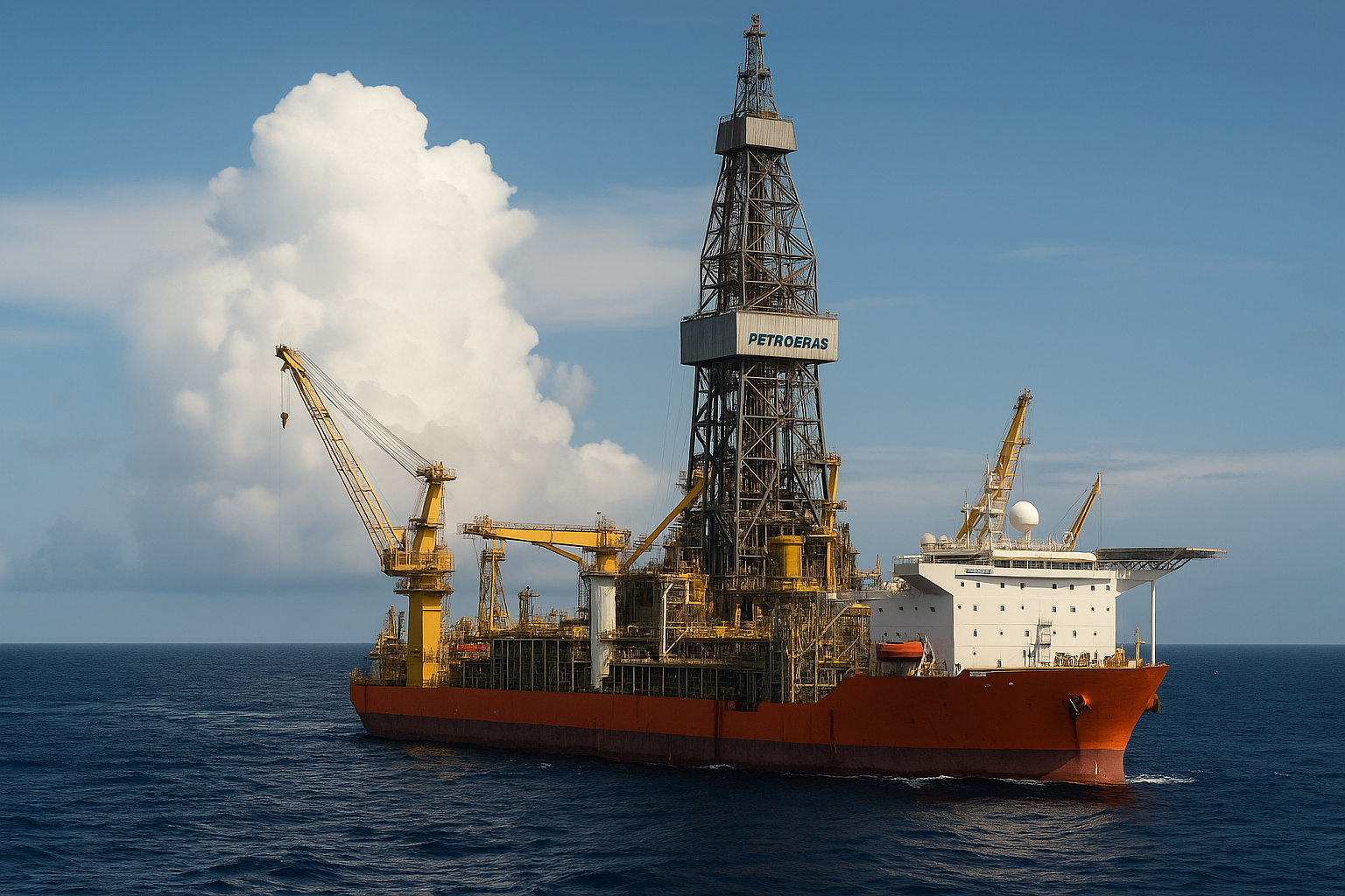 Plataforma de perfuração offshore da Petrobras na Margem Equatorial, com guindastes e torre de extração sobre o mar, sob céu azul e nuvens densas.