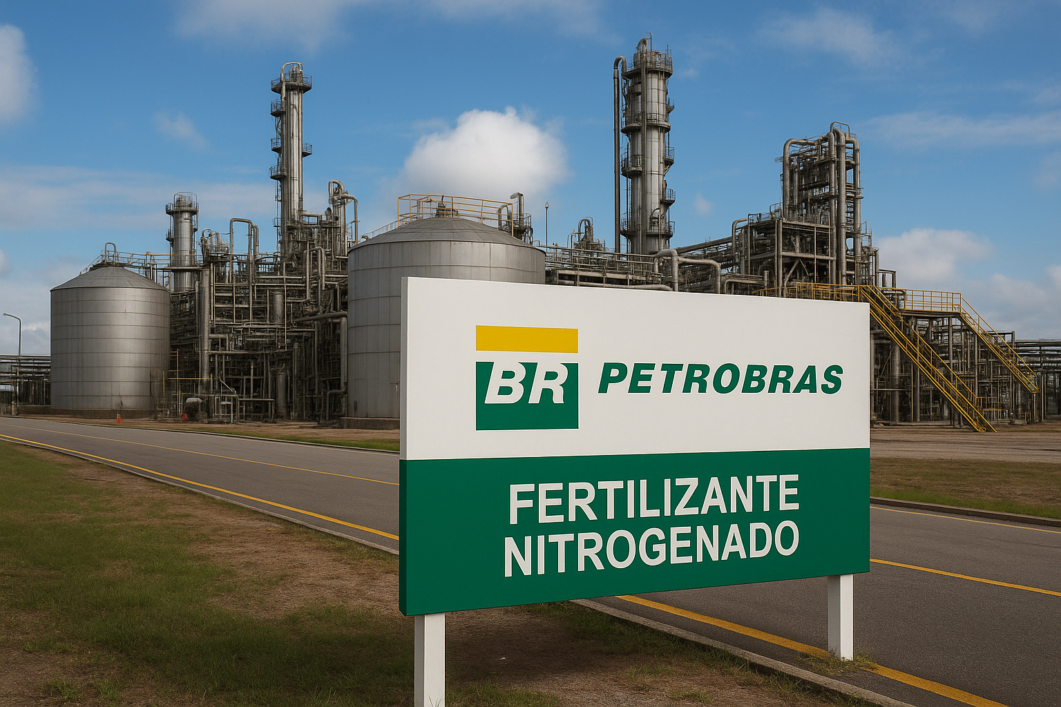 Vista realista da planta industrial da Petrobras dedicada à produção de fertilizantes nitrogenados, com tanques metálicos, tubulações e estrutura moderna em operação.