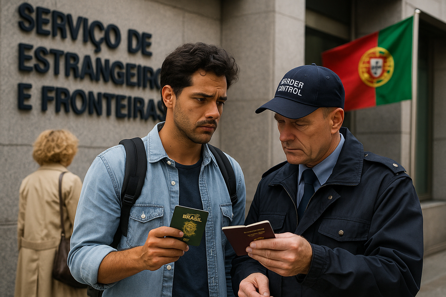 Agente de fronteira em Portugal verifica passaporte de brasileiro diante do Serviço de Estrangeiros e Fronteiras, representando nova lei de imigração em vigor.