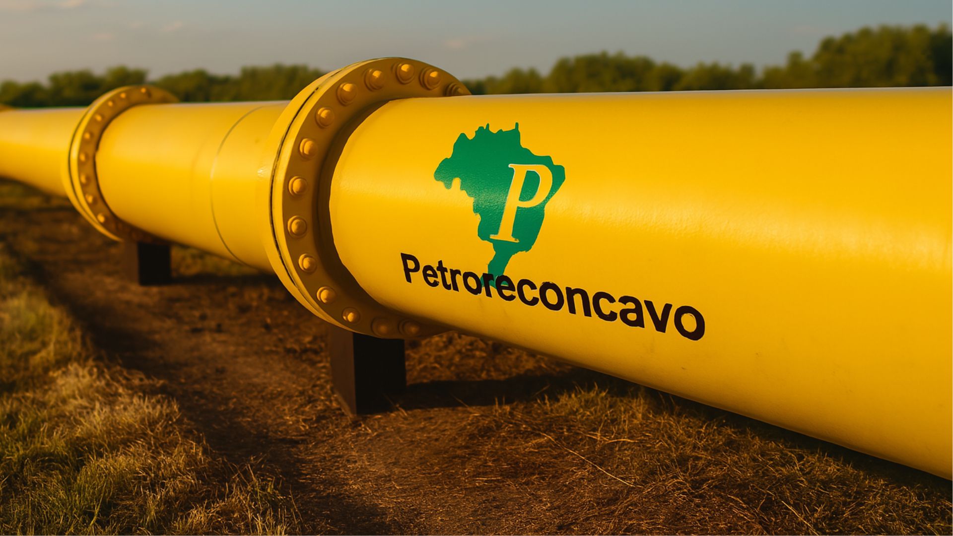 Gasoduto de gás natural atravessando paisagem rural ao entardecer, com logotipo da Petrorecôncavo visível na tubulação.