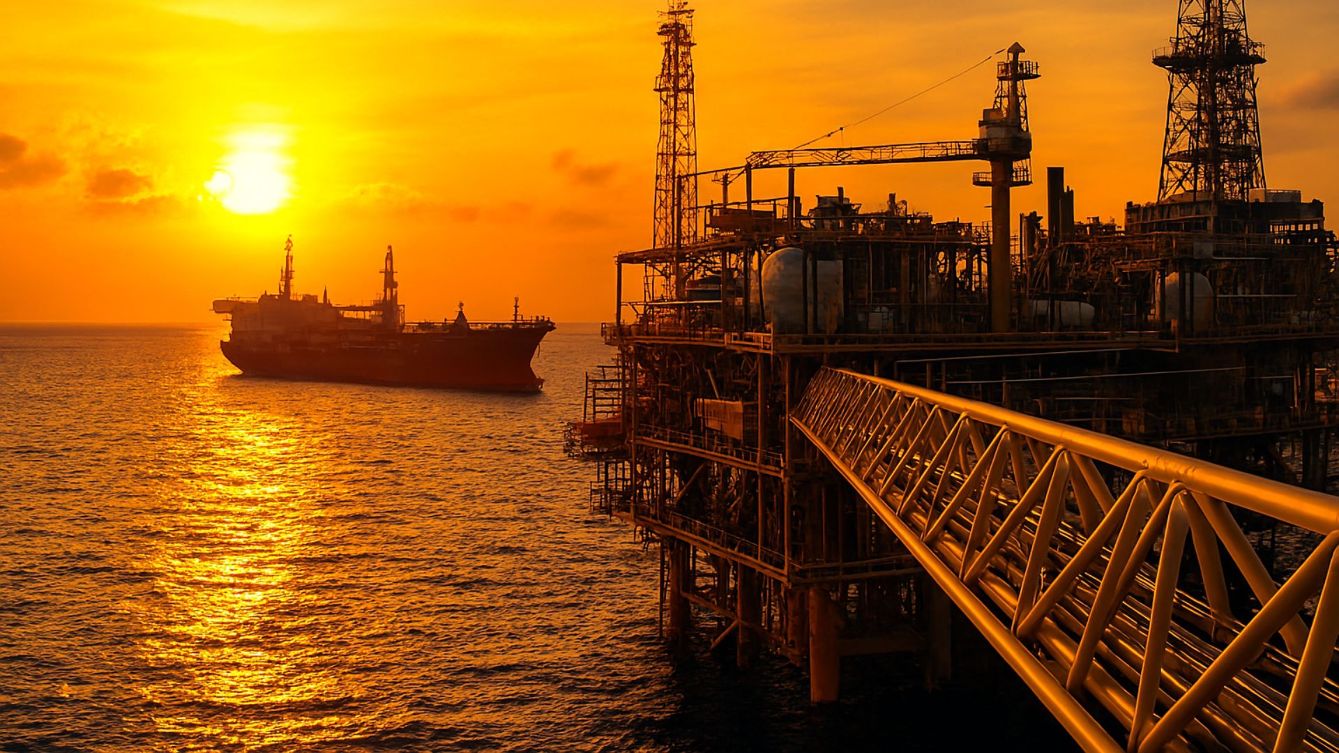 Plataforma de petróleo offshore ao pôr do sol com navio-tanque ao fundo, refletindo luz dourada sobre o mar calmo.
