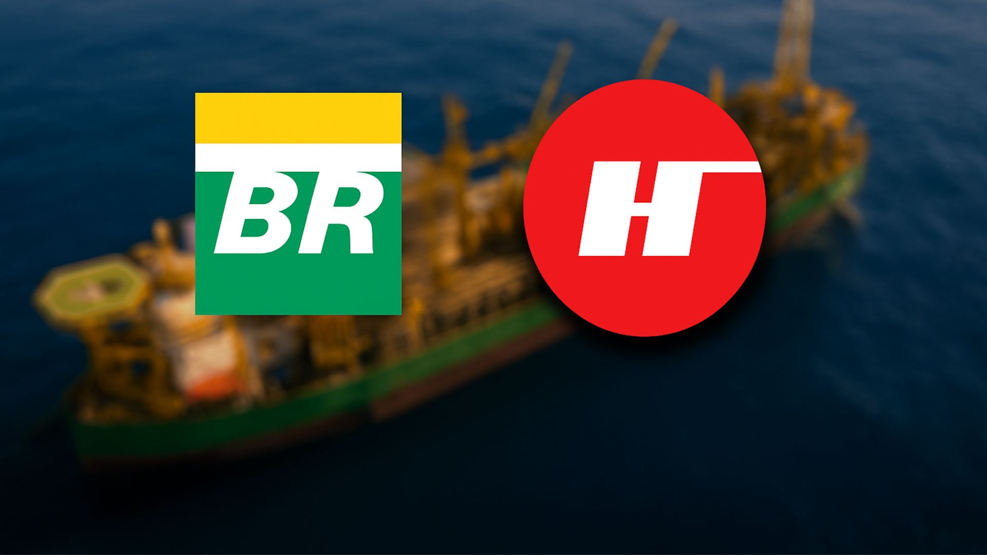 Vista aérea levemente desfocada de um FPSO no oceano, com os logotipos da Petrobras e Halliburton centralizados em destaque.