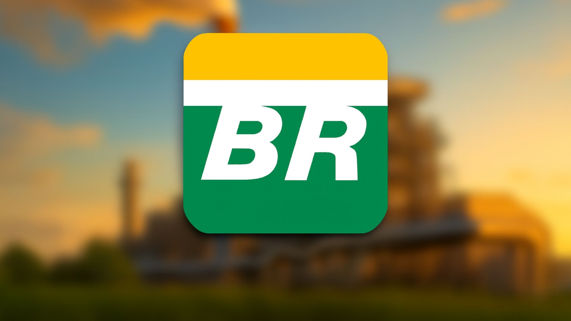 Imagem de uma usina térmica ao entardecer com estruturas industriais e chaminés ao fundo, desfocadas. Em destaque, o logotipo da Petrobras aparece centralizado com sombra suave.