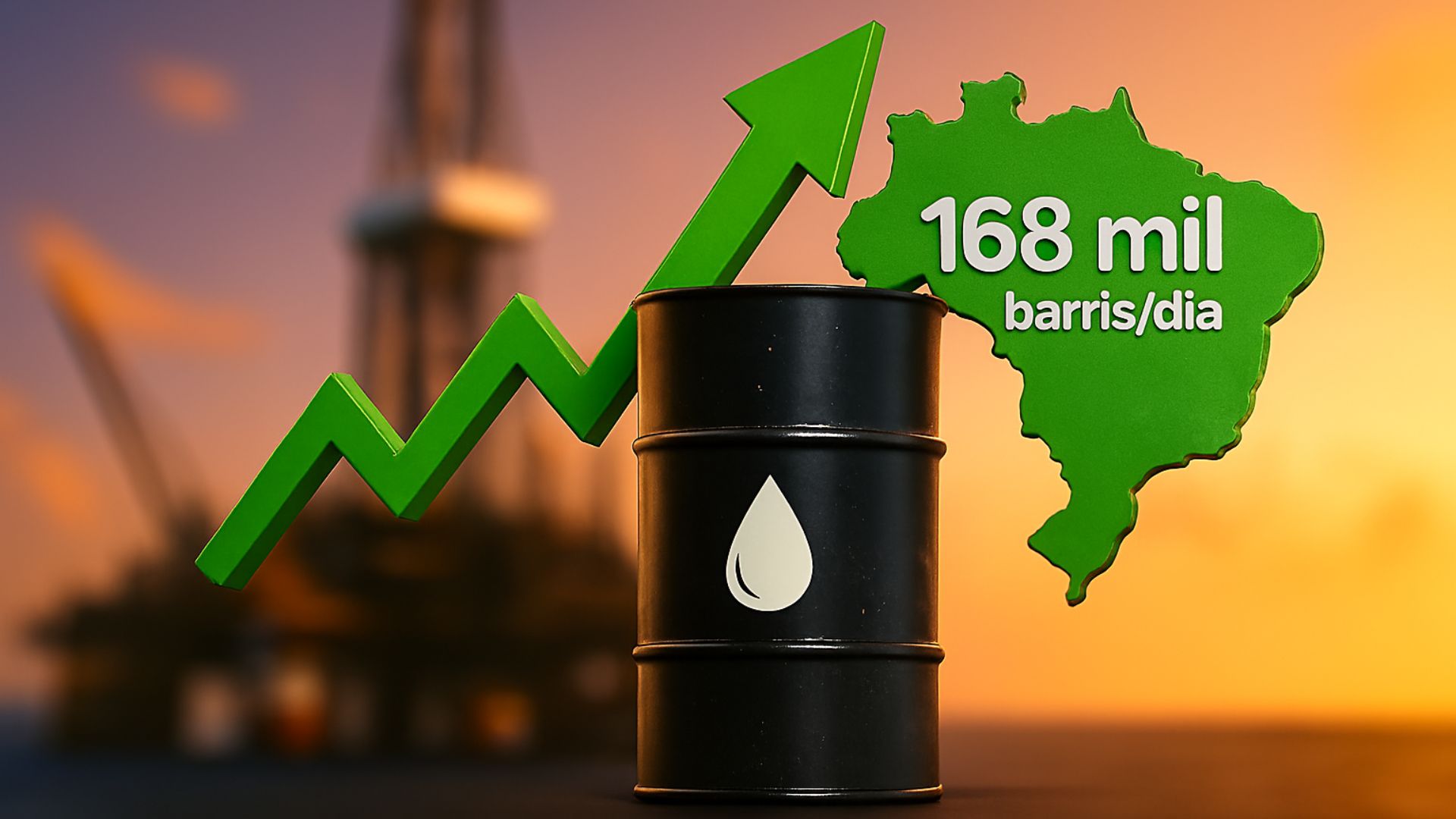 Imagem de uma plataforma de petróleo desfocada ao fundo, com um barril de petróleo em destaque, o mapa do Brasil com o texto “168 mil barris/dia” e uma seta verde tridimensional apontando para cima.