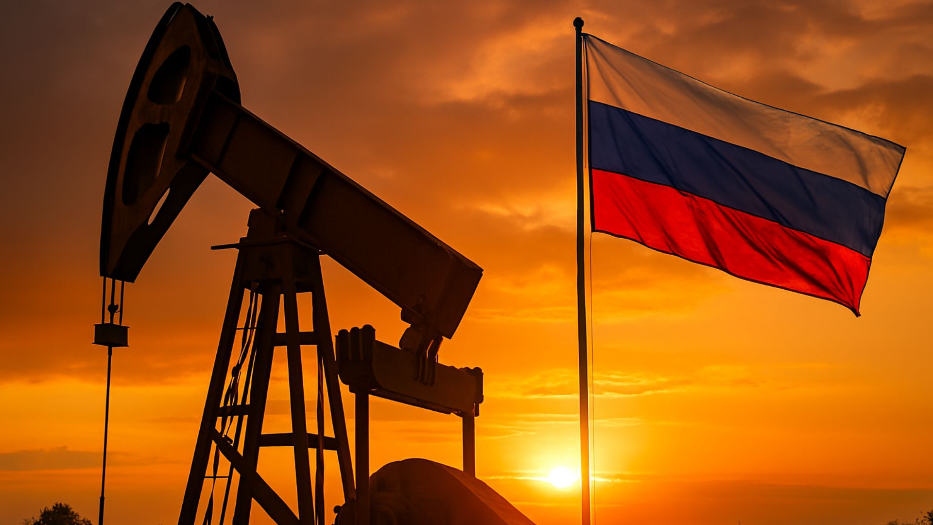 Bomba de petróleo em operação ao pôr do sol com a bandeira da Rússia ao lado, em cenário dramático e realista.