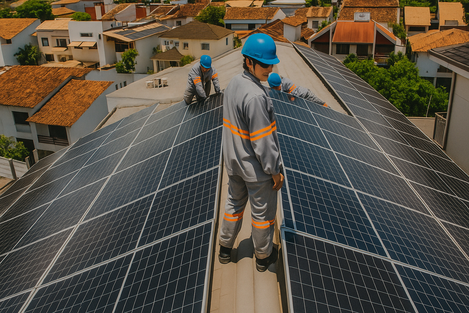 Técnicos instalam painéis solares em telhado sob o sol do meio-dia, em uma área residencial.