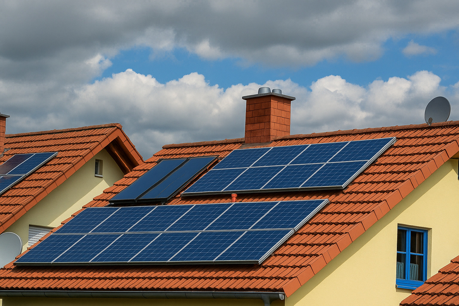 Telhados de casas com painéis solares e céu com nuvens.