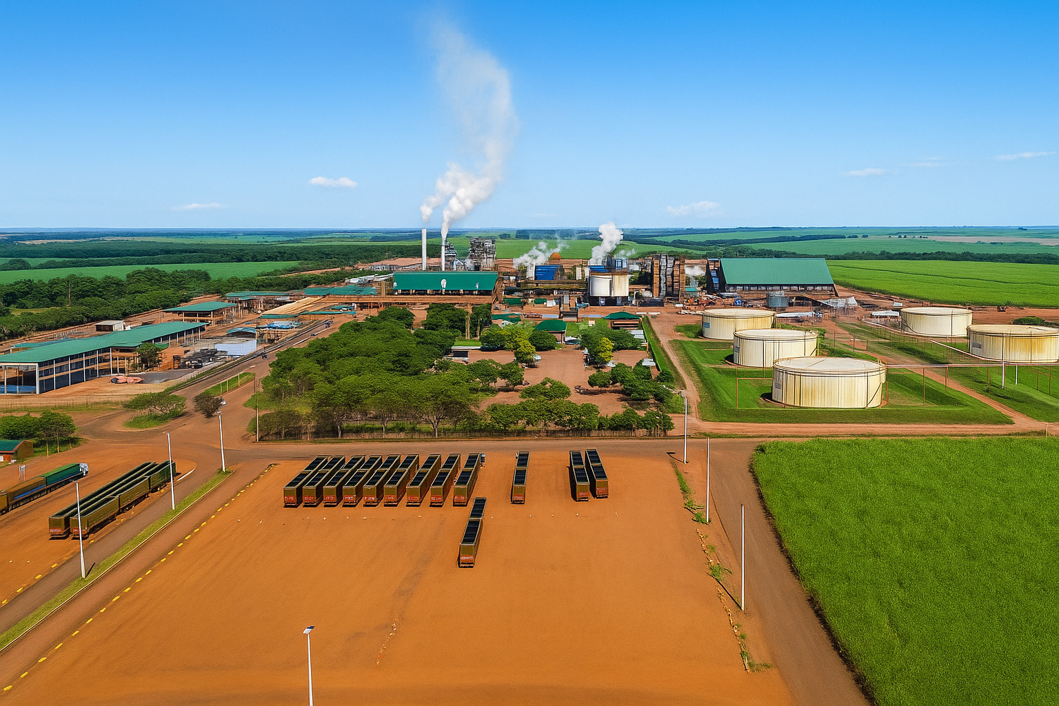 Vista aérea de uma usina industrial com tanques e chaminés liberando vapor sob um céu azul claro ao meio-dia.