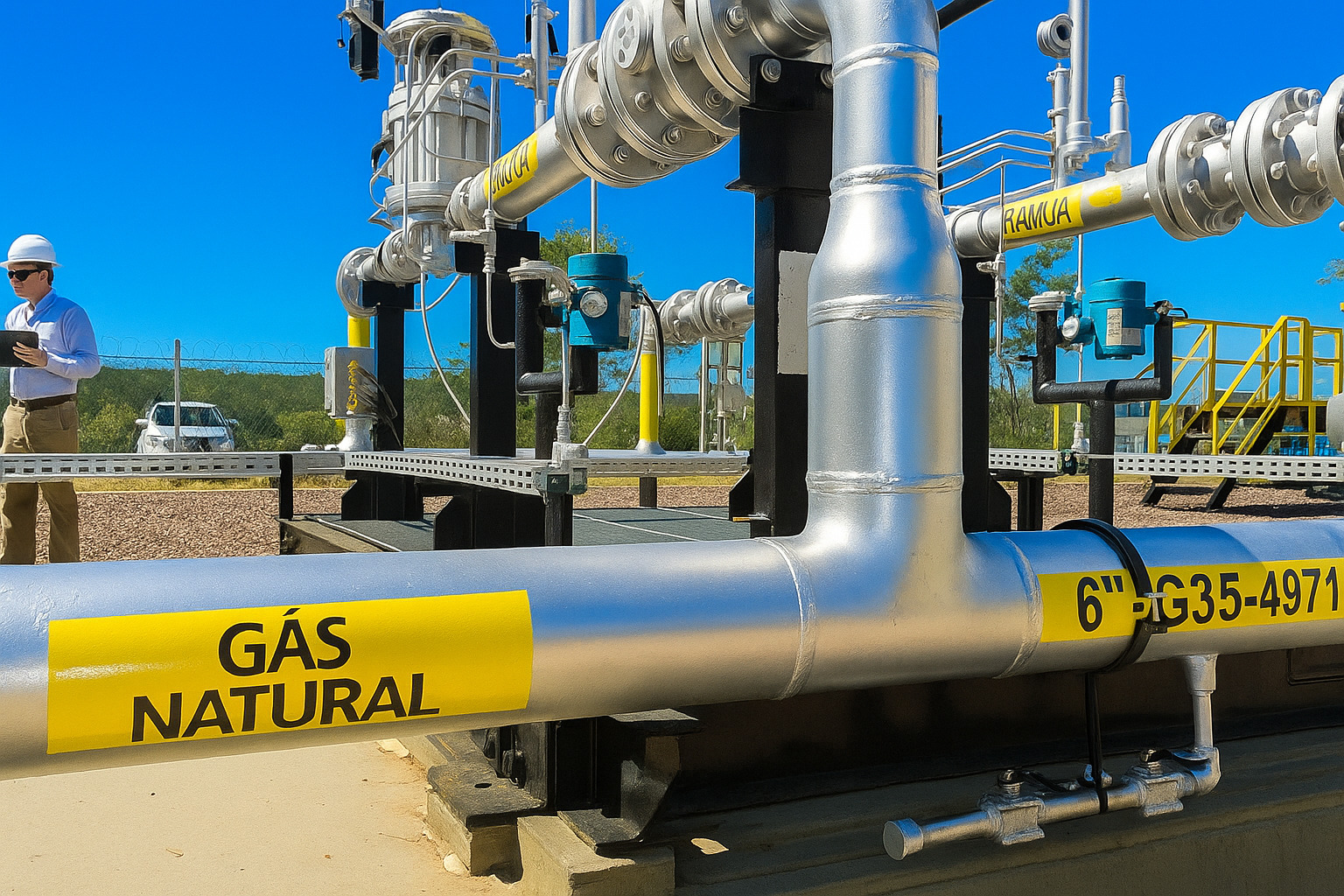 Tubulação de gás natural em instalação industrial com céu claro ao meio-dia.