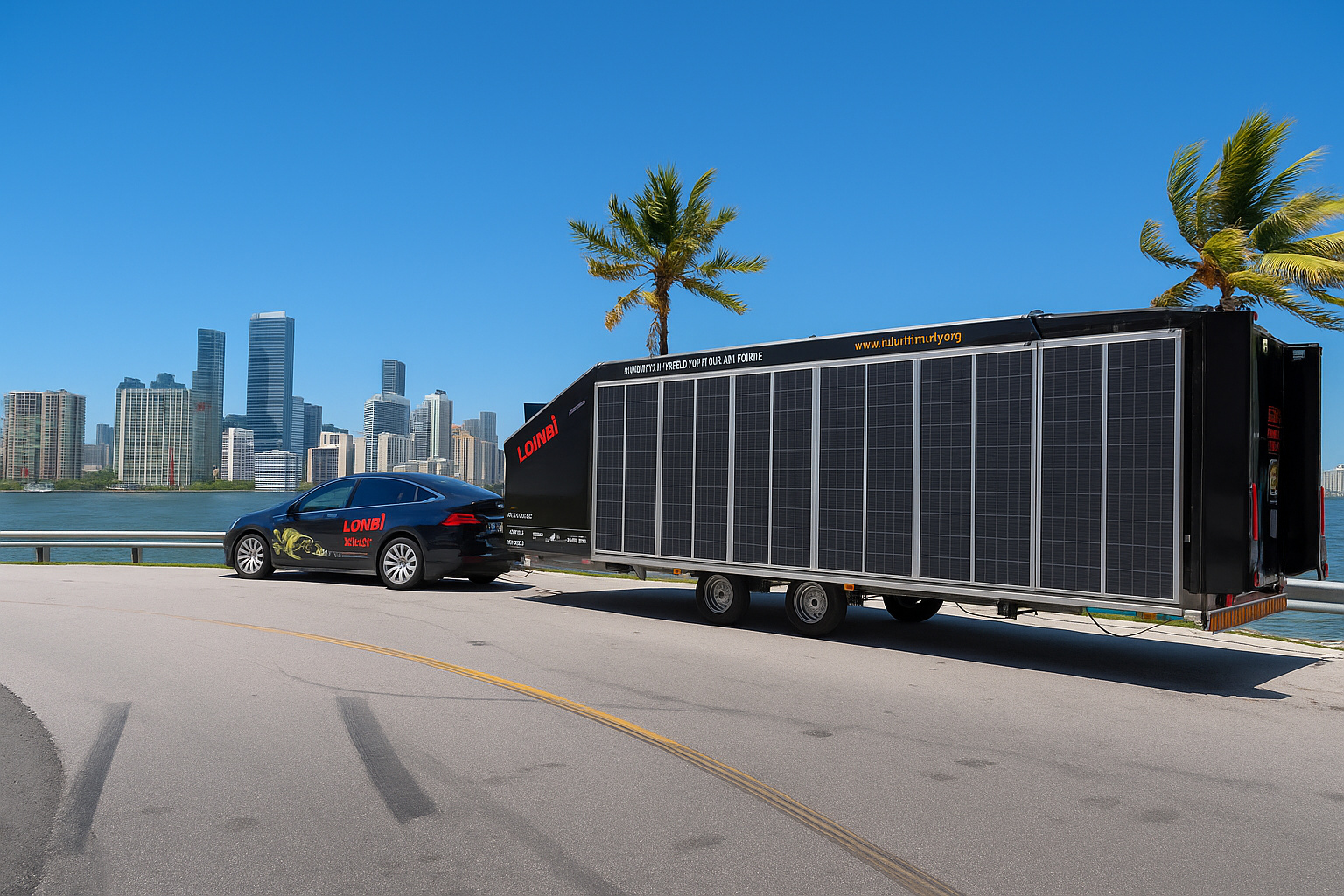 Carro elétrico com reboque de painéis solares estacionado à beira-mar sob um céu limpo e ensolarado.