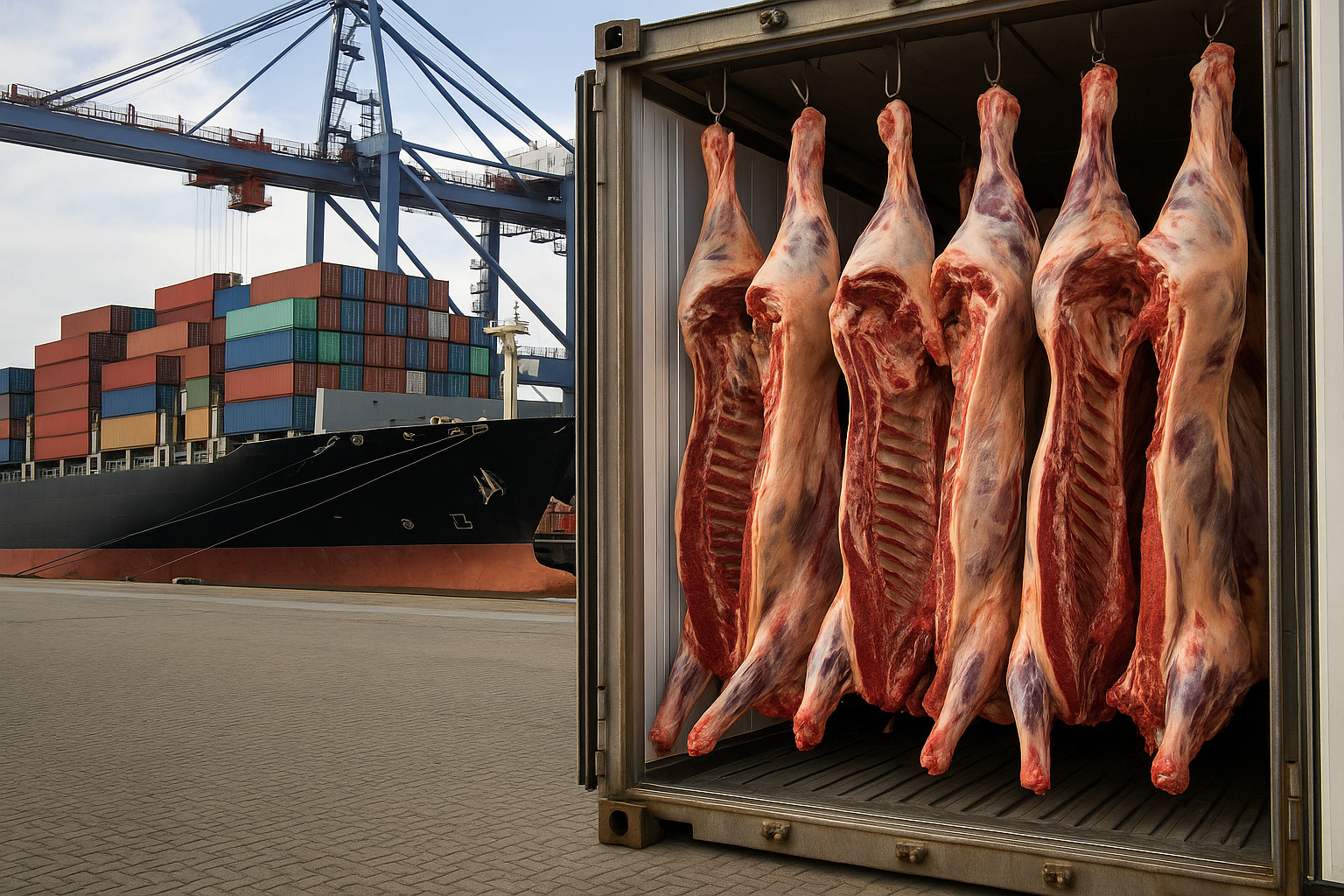 Contêiner frigorífico com carne bovina brasileira sendo exportada em porto comercial, simbolizando o recorde histórico de exportações em setembro de 2025.