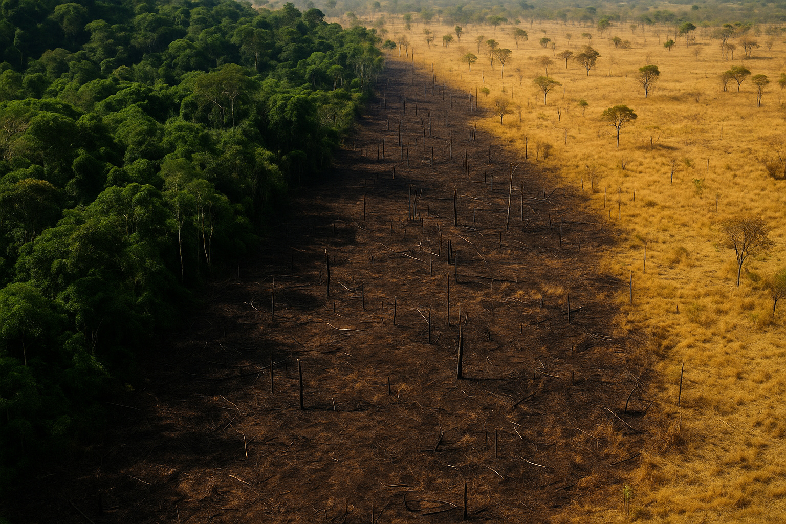 Vista aérea mostra contraste entre a floresta densa da Amazônia e áreas secas do Cerrado, com marcas visíveis de desmatamento recente.