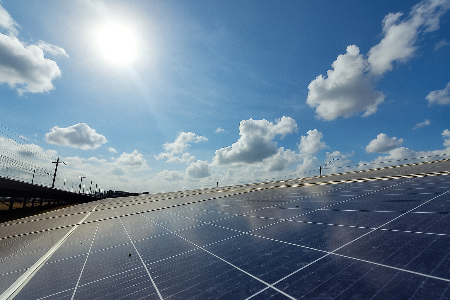 Painéis solares sob um céu parcialmente nublado em um dia ensolarado.