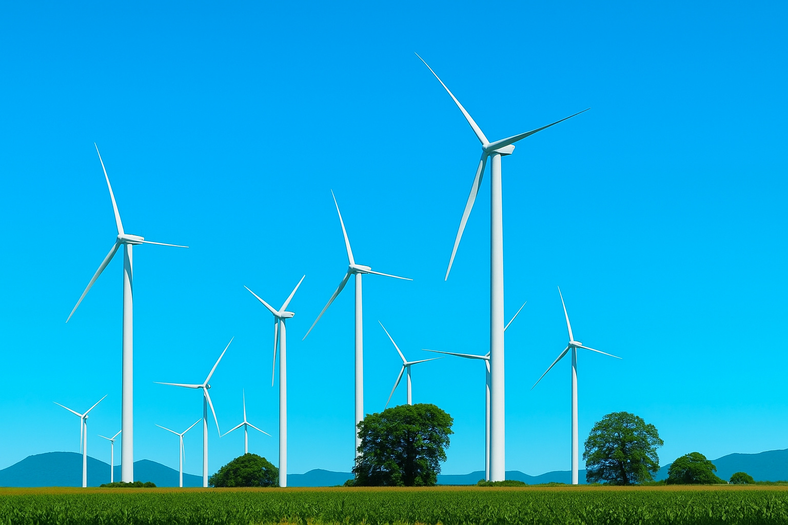 Campo com turbinas eólicas gerando energia durante o meio-dia sob céu limpo.
