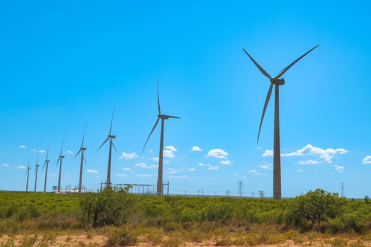 Turbinas eólicas em funcionamento sob um céu azul de meio-dia com poucas nuvens.