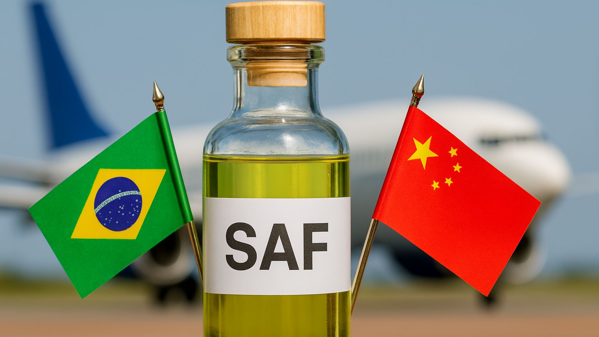 Frasco rotulado com "SAF" entre as bandeiras do Brasil e da China, com avião desfocado ao fundo em céu azul.