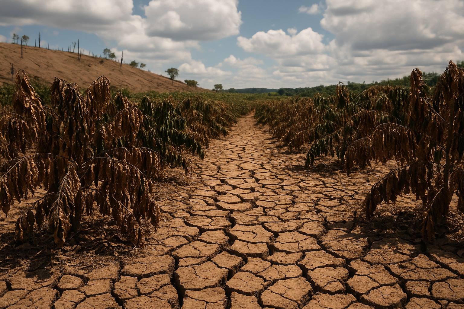 Plantação de café seca e degradada no Brasil, com solo rachado e vegetação murcha, representando os efeitos da seca e do desmatamento.