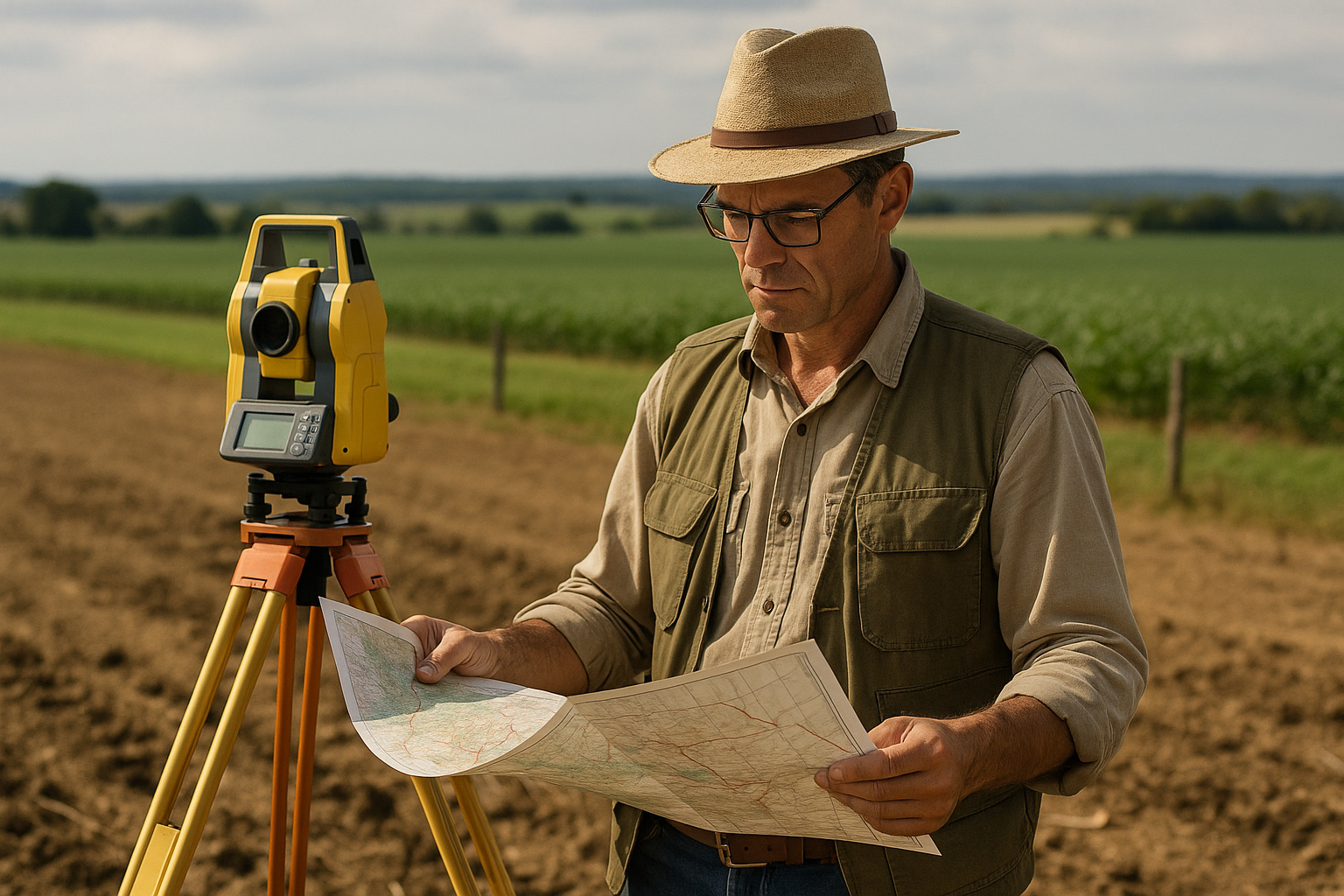 Topógrafo analisa mapa em área rural de fronteira com equipamento de georreferenciamento, simbolizando o novo modelo de registro e validação de terras aprovado pelo Senado.