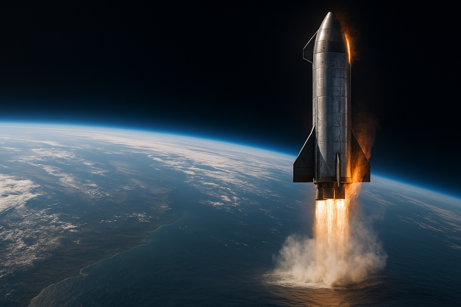 Nave Starship da SpaceX pousando verticalmente no oceano, com chamas e vapor durante a reentrada na atmosfera da Terra.