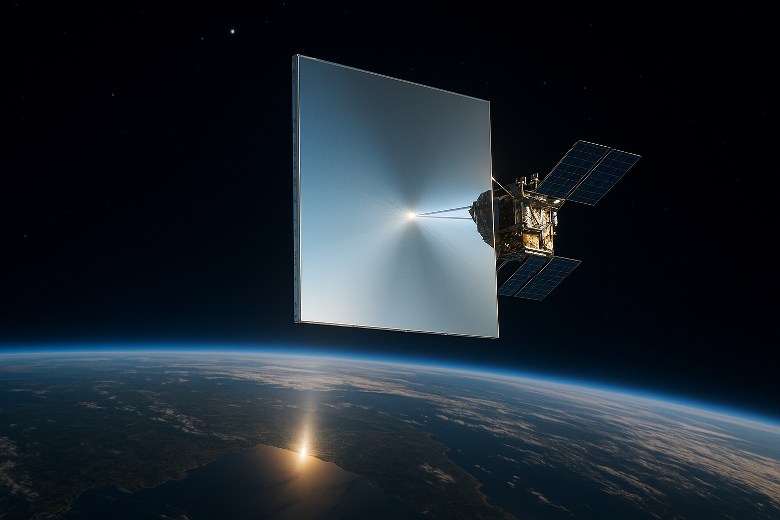 Satélite refletor espacial ultra realista em órbita da Terra, com espelhos gigantes refletindo a luz solar para o planeta durante o crepúsculo.