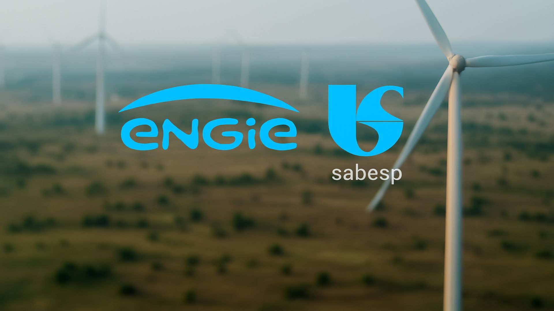 Aerovisão de parque eólico com turbinas em operação sobre paisagem natural, com logotipos da Engie e Sabesp posicionados lado a lado no centro da imagem.
