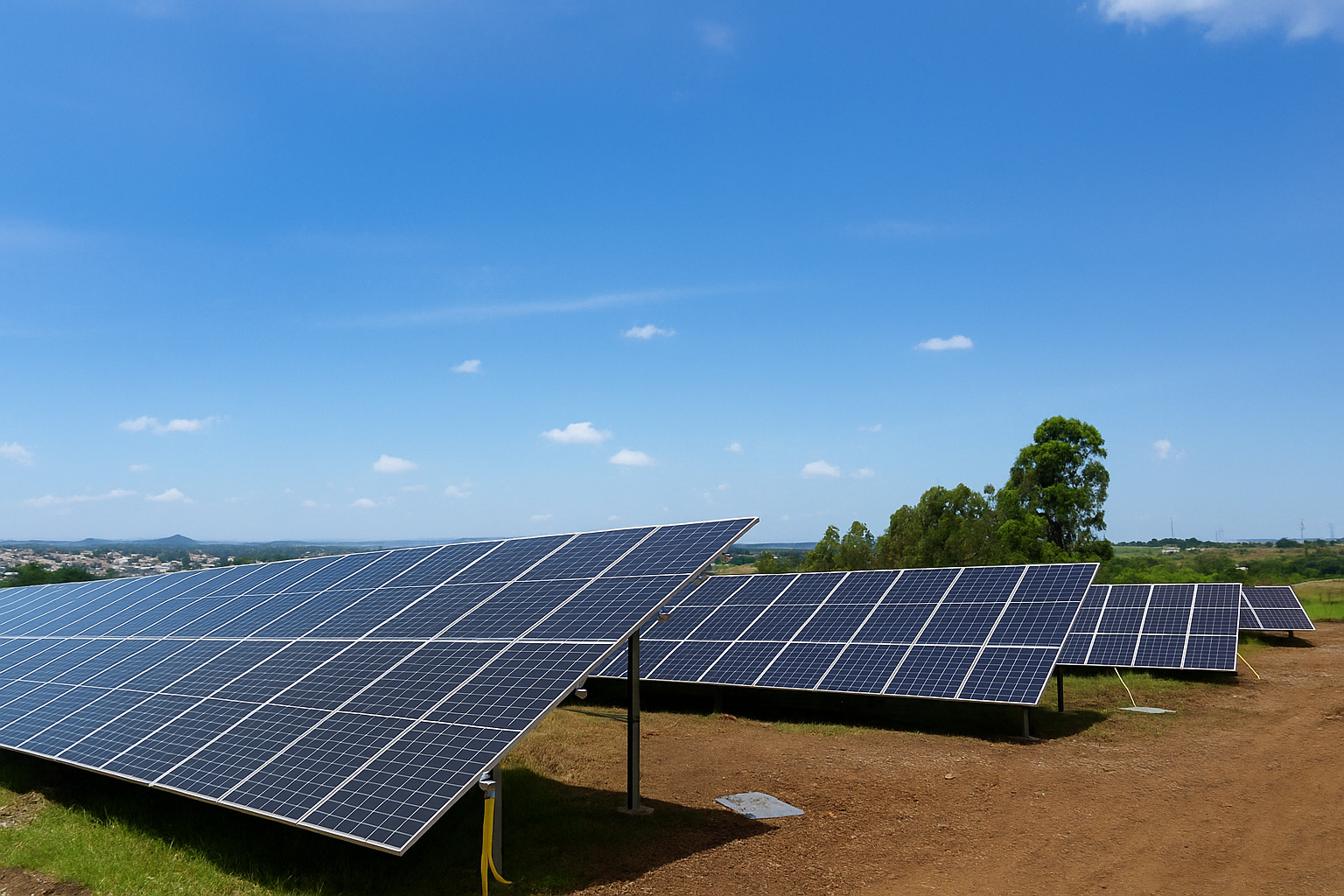 Painéis solares instalados em uma área rural sob um céu parcialmente nublado.