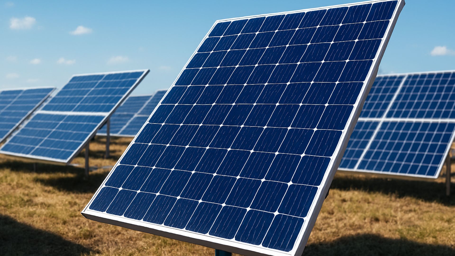 Painel solar em destaque em uma usina fotovoltaica ao ar livre, com outros painéis desfocados ao fundo sob céu azul.