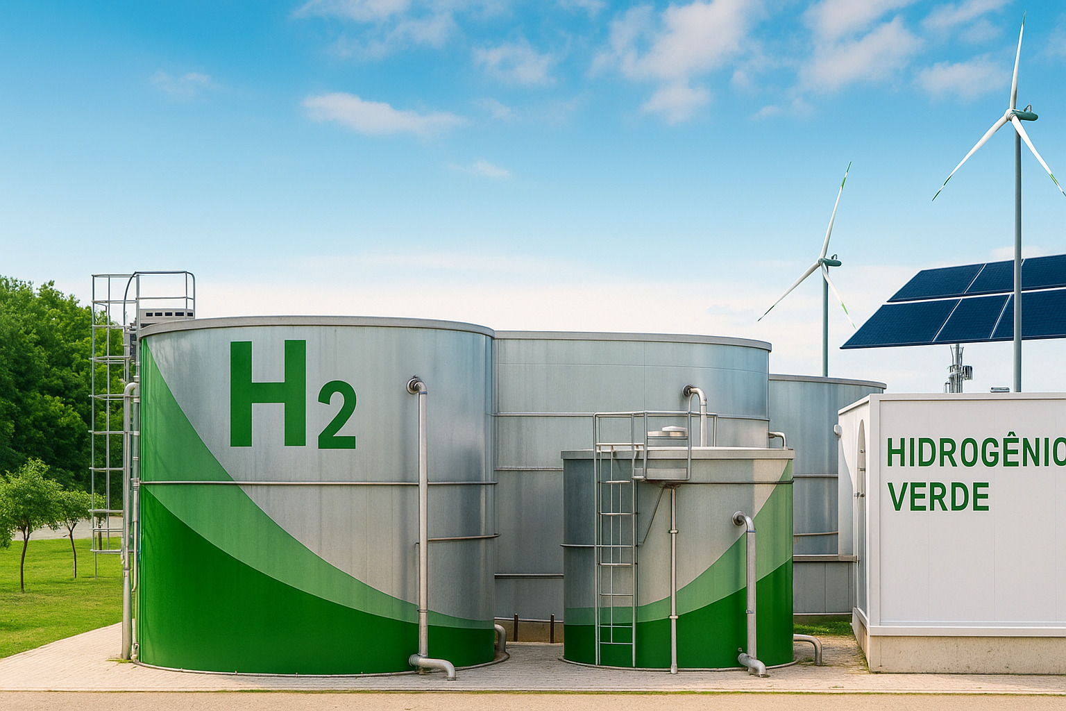 Instalação de hidrogênio verde com tanques metálicos, turbinas eólicas e painéis solares sob céu azul.