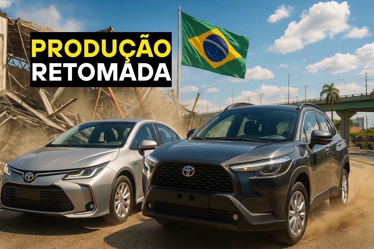A Toyota retoma produção no Brasil após danos na fábrica, usando motores importados e priorizando os híbridos Corolla e Corolla Cross no retorno.