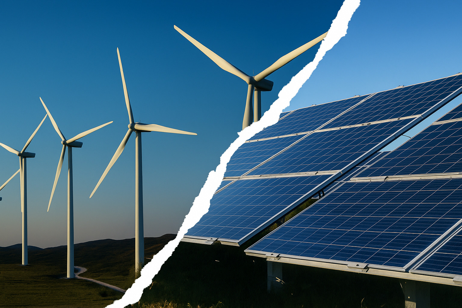 Painéis solares e turbinas eólicas em funcionamento sob um céu claro durante o dia.