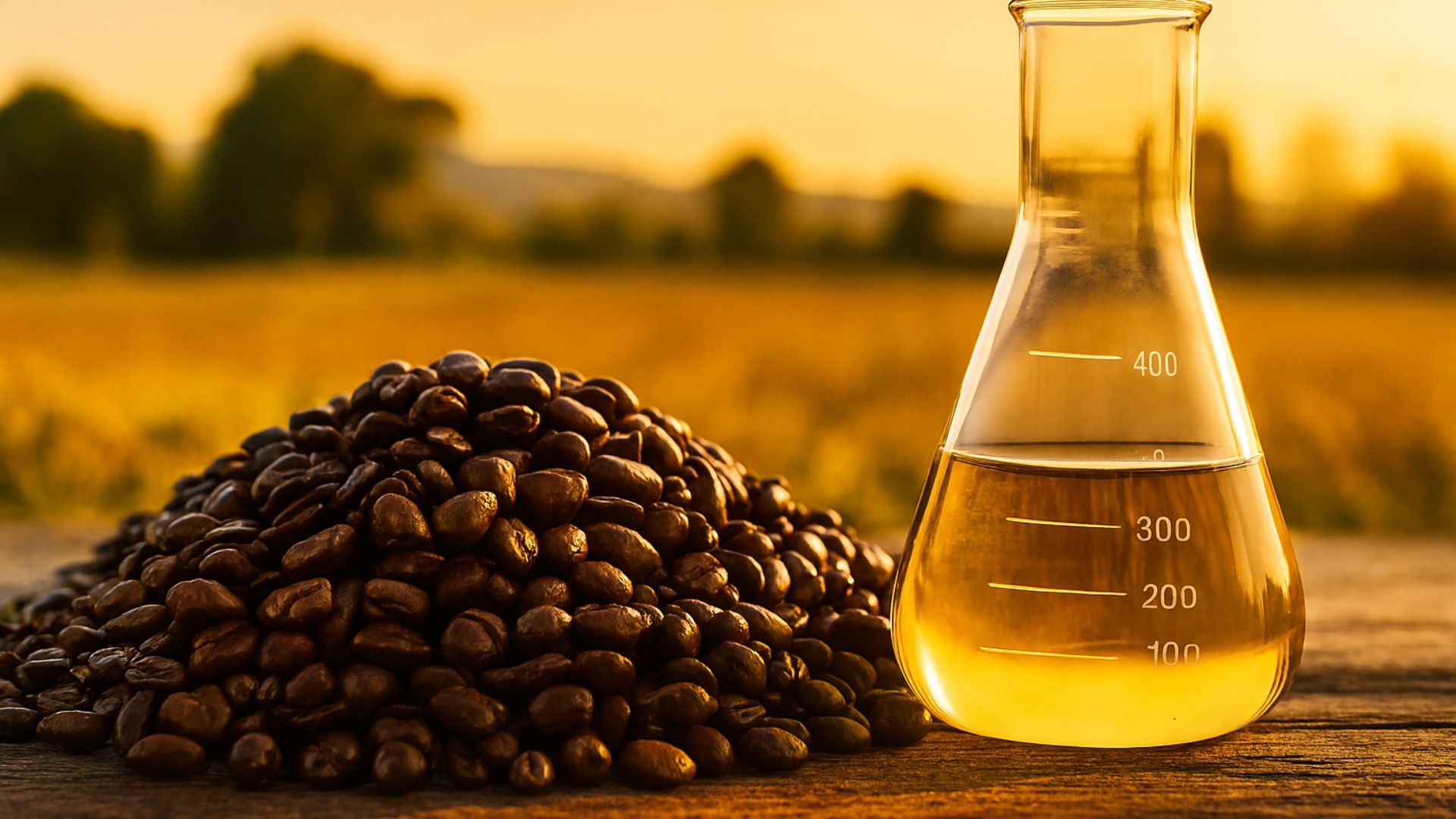 Grãos de café sobre madeira rústica ao lado de um frasco científico com biocombustível amarelado, em cenário rural ao entardecer.