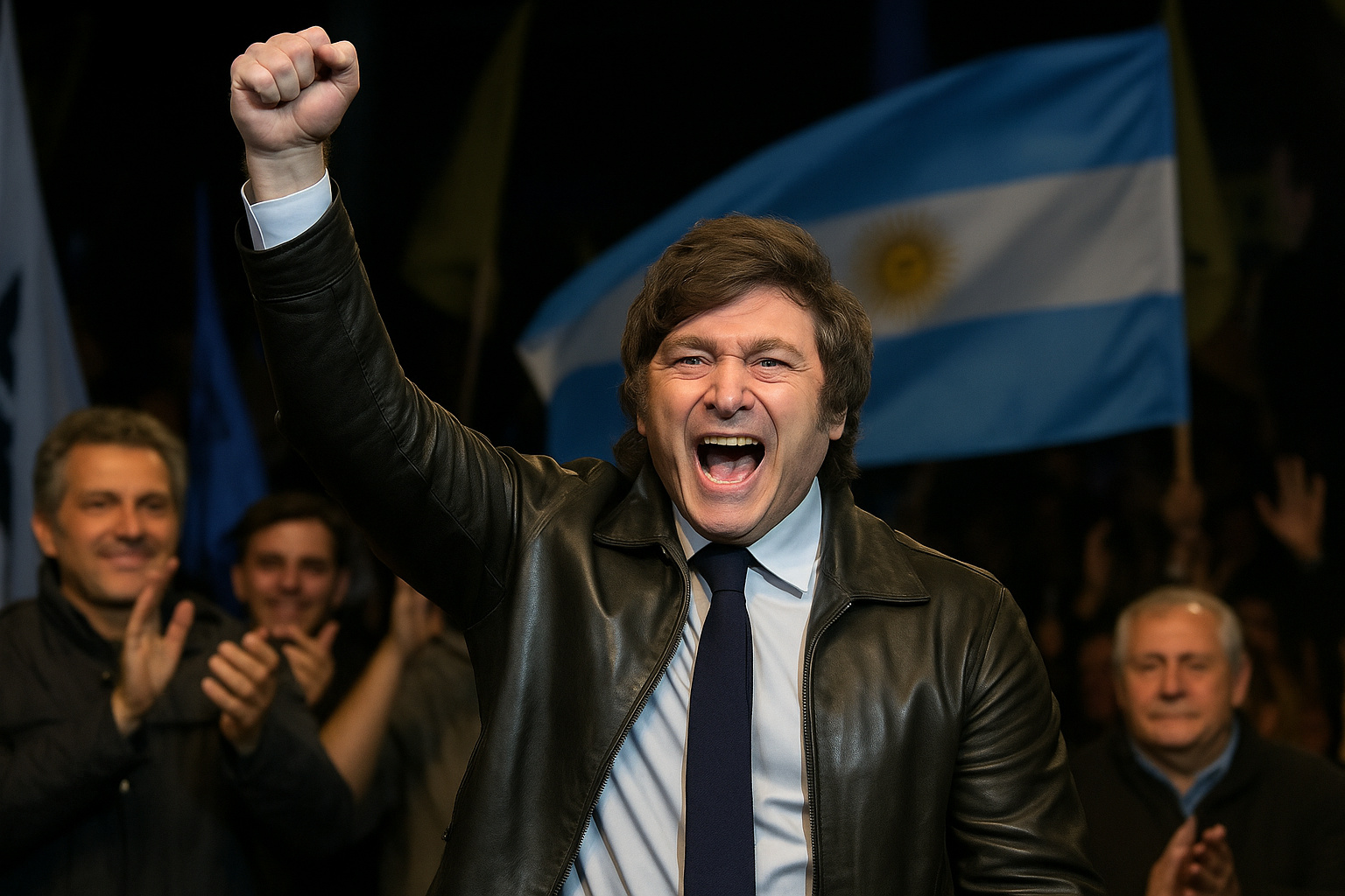 Presidente Javier Milei comemora vitória nas eleições legislativas argentinas de 2025, com bandeira da Argentina ao fundo e apoiadores aplaudindo.