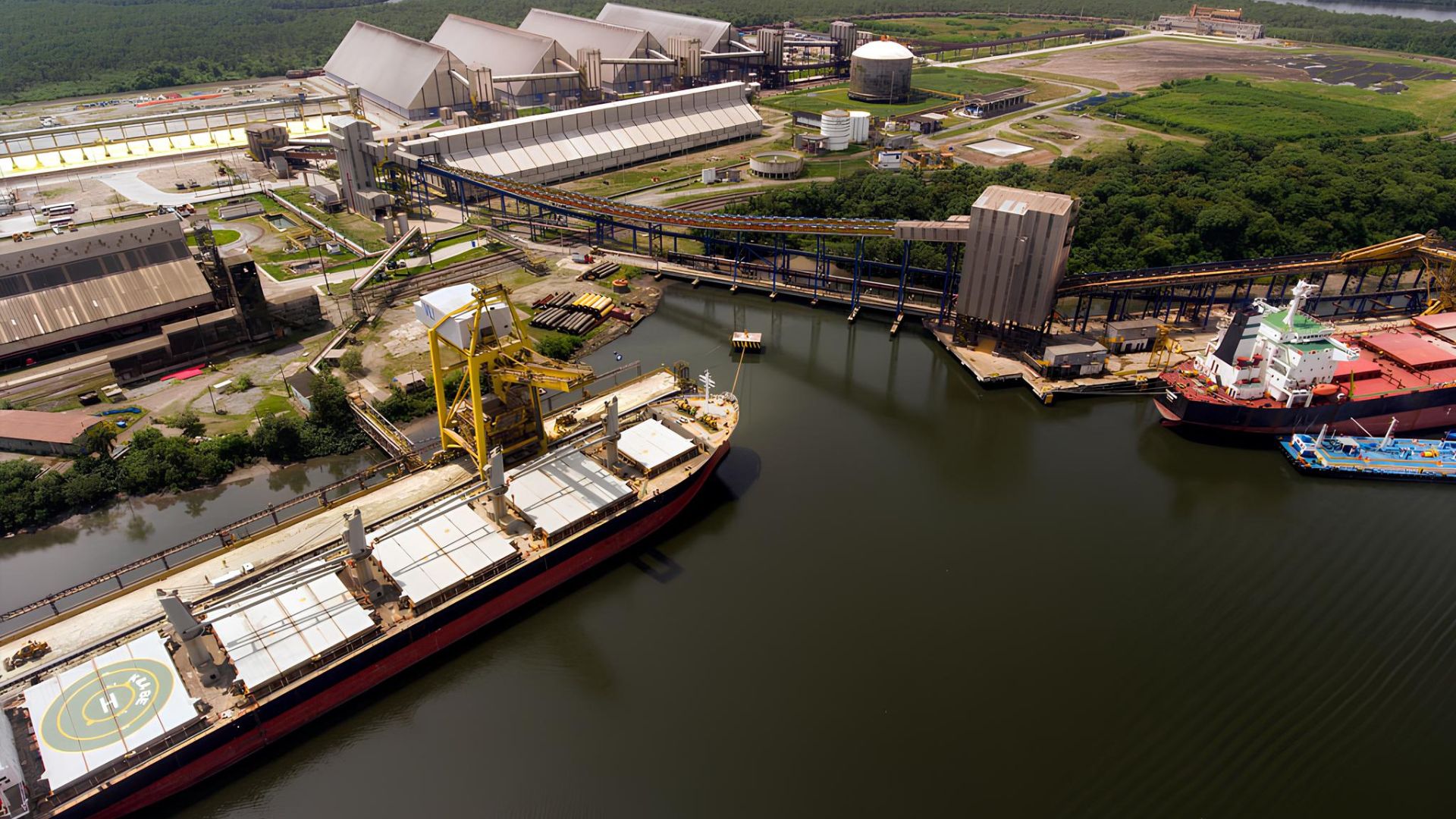Terminal portuário Tiplam com navios cargueiros atracados, silos e guindastes em operação, cercado por vegetação e infraestrutura logística.