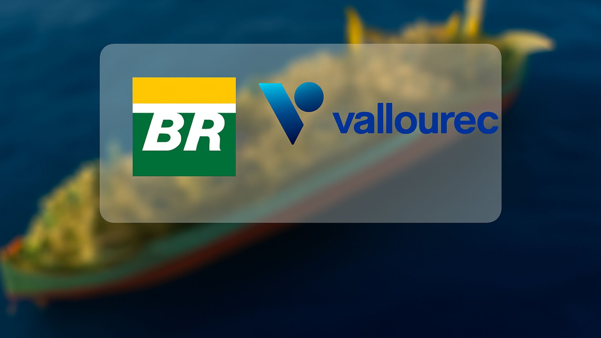 Imagem aérea de um FPSO no oceano com os logotipos da Petrobras e Vallourec centralizados sobre um retângulo translúcido.