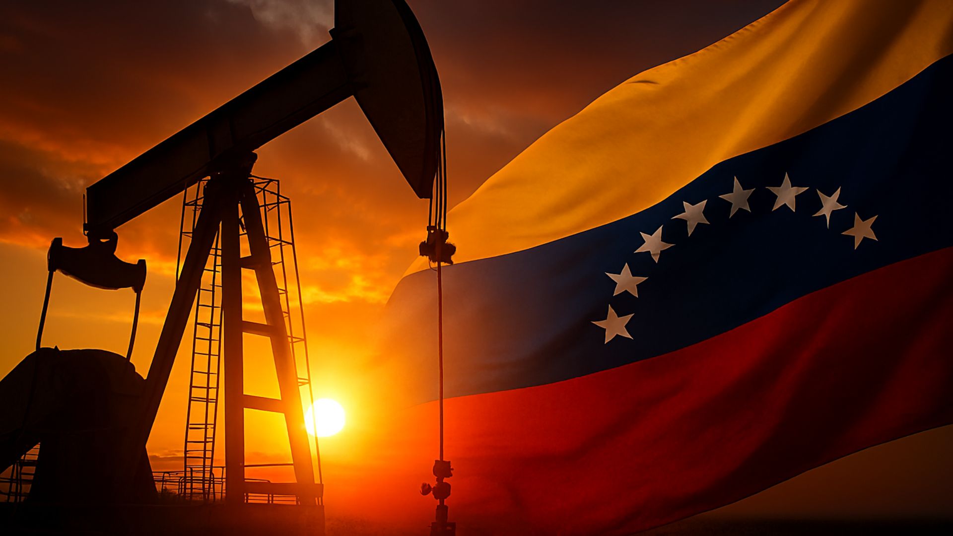 Bomba de petróleo em operação ao pôr do sol com a bandeira da Venezuela ao fundo.