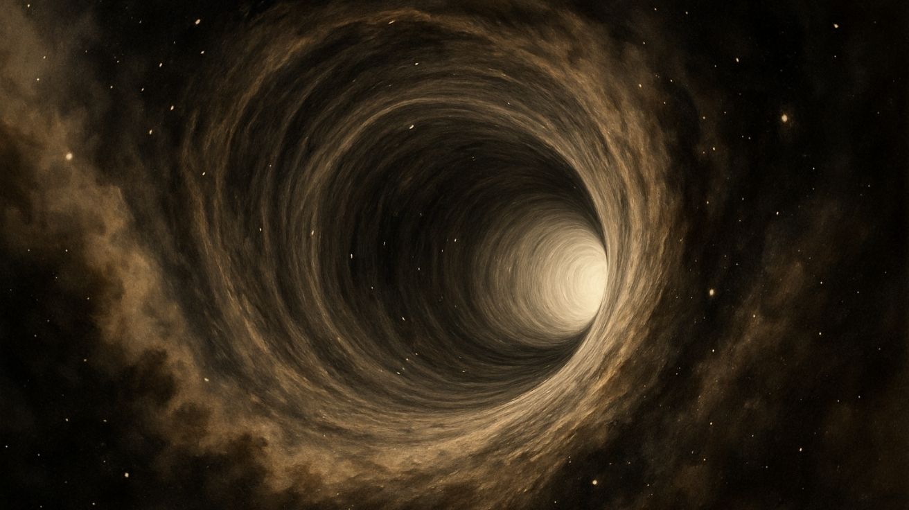 Imagem realista em formato paisagem mostrando um wormhole (buraco de minhoca) no espaço, inspirada na hipótese científica sobre o sinal GW190521 detectado pelo observatório LIGO. A cena remete ao conceito de Einstein-Rosen bridge e à possibilidade de ondas gravitacionais viajarem entre universos.