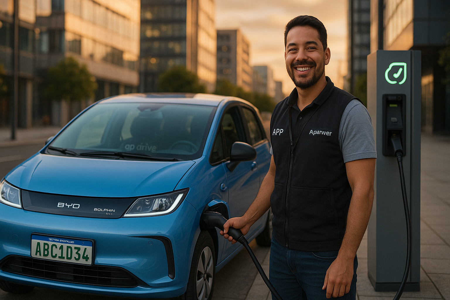 Motorista de aplicativo com BYD Dolphin Mini GL azul recarregando em estação elétrica urbana.