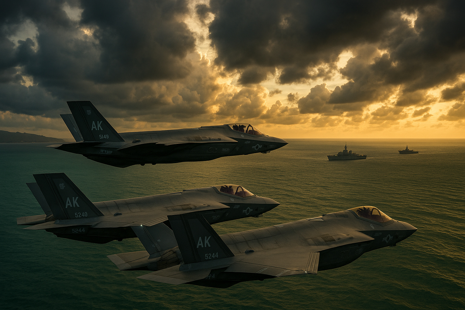 Caças F-35 dos EUA em operação no Caribe próximos à Venezuela.