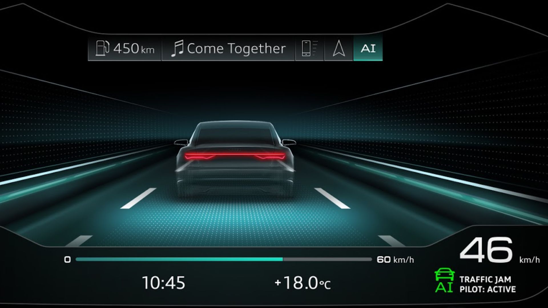 Carro futurista autônomo de nível 5 circulando em cidade moderna à noite.