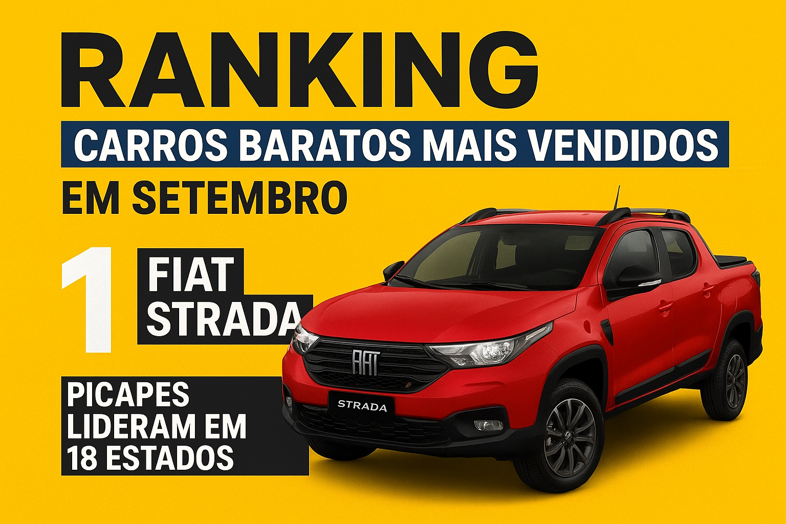Ranking de carros baratos mais vendidos em setembro no Brasil: picapes dominam o mercado