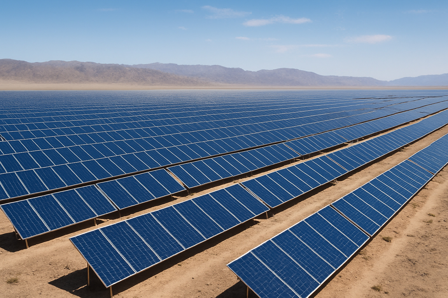 Campo solar gigante em terreno árido no Planalto Tibetano, com fileiras de painéis fotovoltaicos refletindo o sol sob céu azul claro.