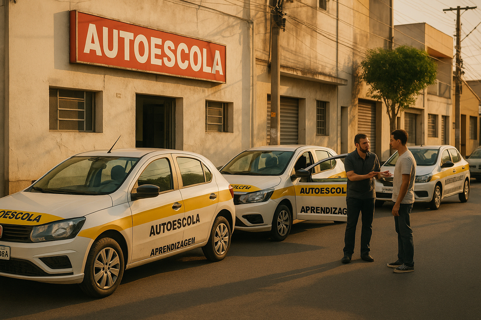 Carros de autoescola estacionados em via urbana, representando proposta do governo sobre CNH sem aulas obrigatórias.